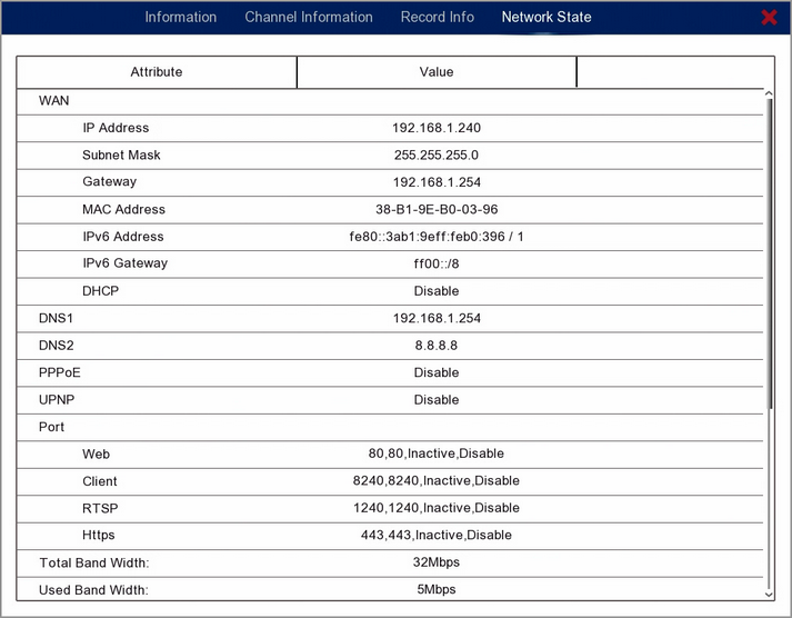 Network State Information From The Live View Menu On A Zip DVR Or NVR