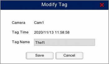 Modify Tag Window In The Tagged Footage Search Screen On A Zip DVR Or NVR