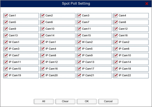 Setting Which Cameras Are Included In The Spot Monitor's Auto Switch Display In The System Menu On A Zip DVR Or NVR
