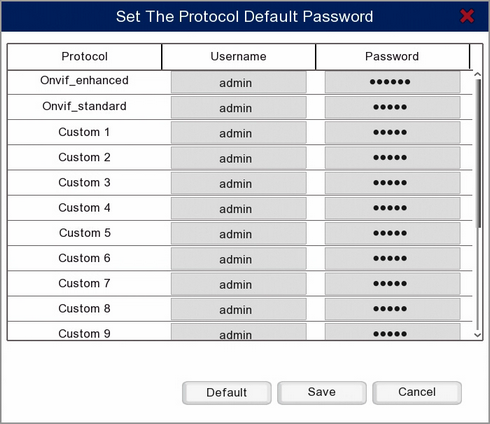 Set The Protocol Default Password Window On A Zip DVR Or NVR